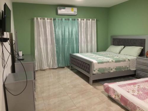 a bedroom with two beds and green walls at Villa Nilsa ( The Blue House ) in Baní