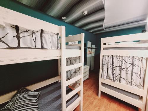 two bunk beds in a room with blue walls at HelloVilniusHostel in Vilnius