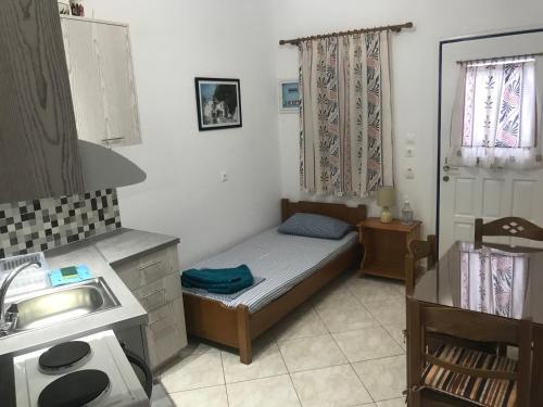a small room with a bed and a sink at Asimina Studios in Donoussa