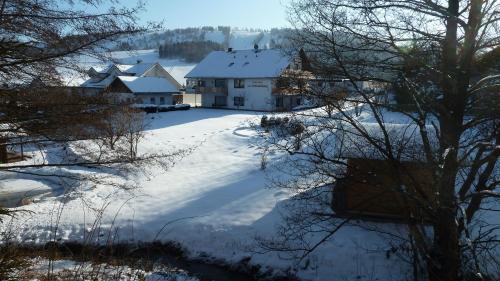a snow covered yard with houses and trees at Ferienhaus am Sonnenhang in Willingen
