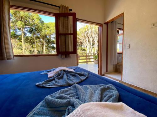 a bedroom with a blue bed with a large window at Chalé vale das Araucárias in Monte Verde