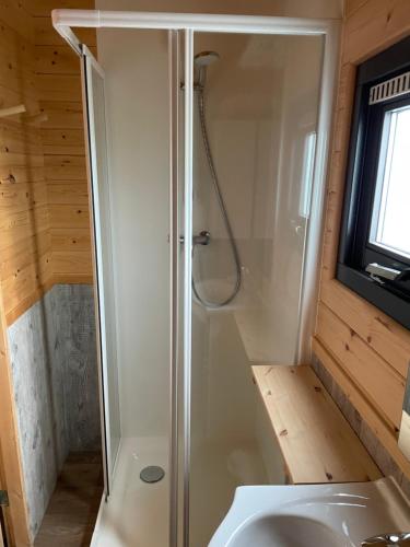 La salle de bains est pourvue d'une douche et d'un lavabo. dans l'établissement Woodlodge Menaldum, à Dronrijp