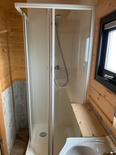 een badkamer met een douche en een wastafel bij Woodlodge Menaldum in Dronrijp