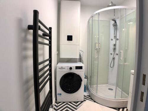 une salle de bain avec douche et machine à laver dans l'établissement Superbe appartement rénové et tout confort à Brest, à Brest