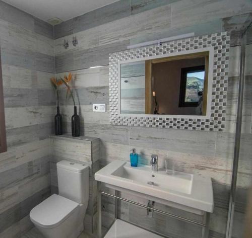 a bathroom with a sink and a toilet and a mirror at Casa Rural Mugarri in Poveña