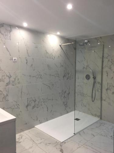 une salle de bain avec une douche avec une porte vitrée dans l'établissement Suite Saint Esteve avec balneo au cœur d'un hameau, à Brue-Auriac