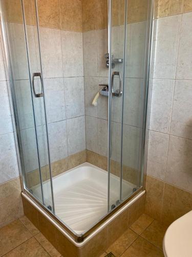 a shower with a glass enclosure in a bathroom at Abigél Apartmanház in Balatonfüred