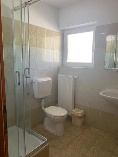a bathroom with a toilet and a shower and a sink at Abigél Apartmanház in Balatonfüred
