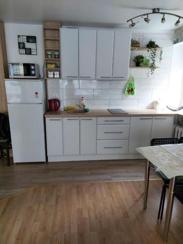 kuchnia z białymi szafkami i białą lodówką w obiekcie Apartamentai „Kaip namuose“ w Druskienikach