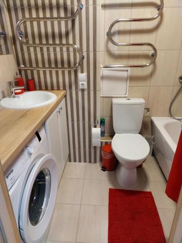 a bathroom with a toilet and a sink and a washing machine at Apartamentai „Kaip namuose“ in Druskininkai