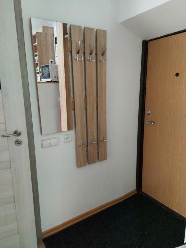 a room with a door and a mirror on the wall at Apartamentai „Kaip namuose“ in Druskininkai