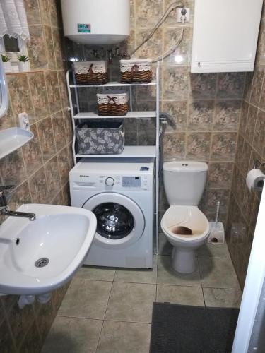 a bathroom with a washing machine and a toilet at Kaszuby dom nad jeziorem Szczytno Duże in Dobrzyń