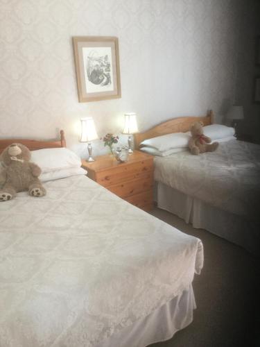 two teddy bears sitting on two beds in a bedroom at Inverlochy Villas (Adults Only) in Fort William