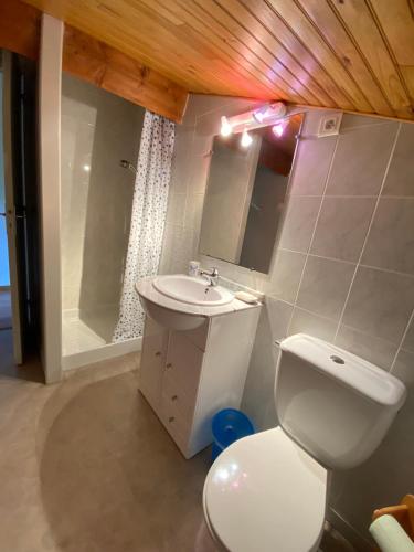 une salle de bain avec des toilettes blanches et un lavabo dans l'établissement Villa Climatisée et Wifi Gujan à 5 mn du Bassin d'Arcachon, à Gujan-Mestras