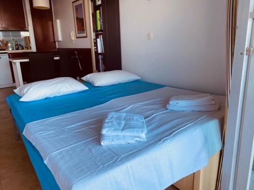 two beds in a room with blue sheets and pillows at Sunny Home Costa Plana-Monaco -Cap D'Ail in Cap d'Ail