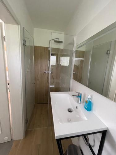 un bagno con un lavandino bianco e una doccia di Resort Nová Pec a Nová Pec