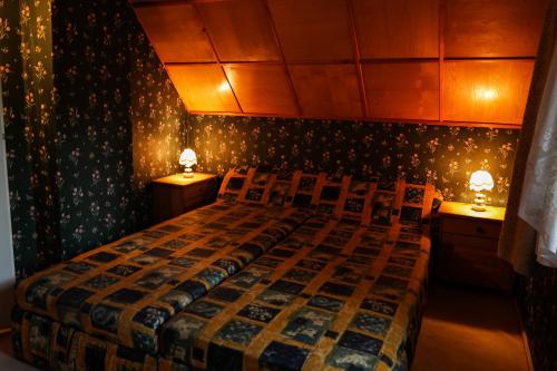 um quarto com uma cama e duas mesas de cabeceira com candeeiros em Csuka Nyaraló Szarvas em Szarvas