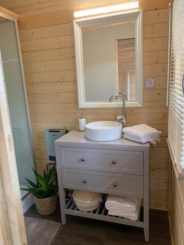 a bathroom with a sink and a mirror at Chambre privée avec accès piscine in Laouque