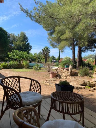 two chairs and a table on a patio with a garden at Chambre privée avec accès piscine in Laouque