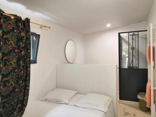 een kamer met een bed en een spiegel bij Un petit coin de paradis in Saint-Brevin-les-Pins