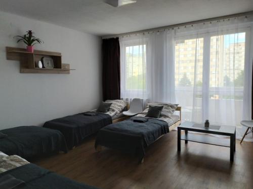 uma sala de estar com duas camas e um sofá em Hanna Apartman em Veszprém