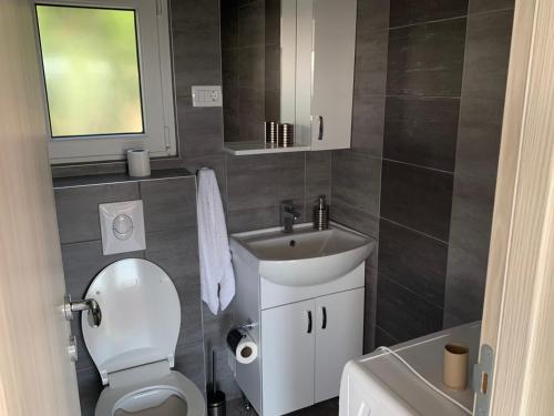 コトルにあるOstojic lux apartmanの白いトイレと洗面台のあるバスルーム