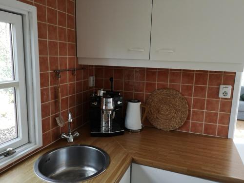 um balcão de cozinha com um lavatório e comodidades para preparar café em Het Nijhuisje em Markelo