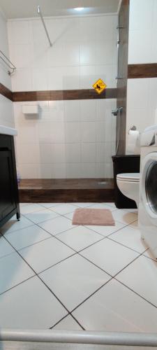 y baño con lavadora y aseo. en Apartament Leśna z tarasem, en Gdynia