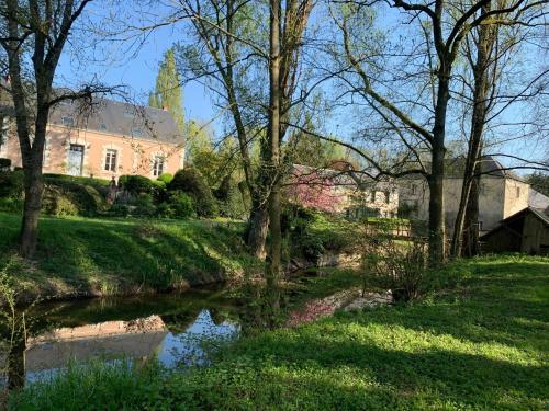 a house and a river in front of a building at Domaine du moulin de la plaine - L'île Ô Reflets in Trôo