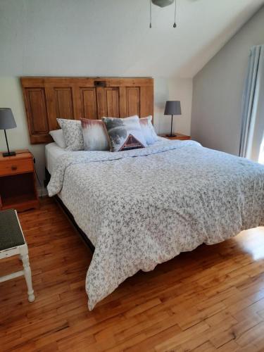 1 dormitorio con 1 cama grande y suelo de madera en Willow B Inn en Kingsville