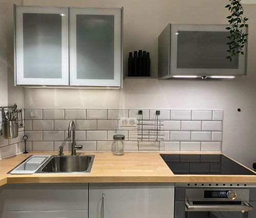 a kitchen with a sink and a counter top at MRTN APARTMENTS Studio & Suites - Aix-les-Bains, hypercentre in Aix-les-Bains