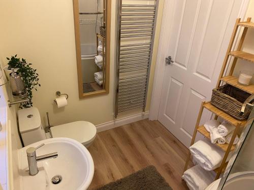 ein Badezimmer mit einem Waschbecken, einem WC und einem Spiegel in der Unterkunft Saltwater Apartment in Filey