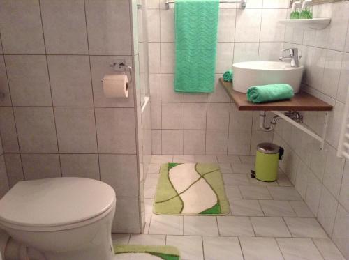 ein Bad mit einem WC und einem Waschbecken in der Unterkunft Ferienwohnungen Krakolinig in Pörtschach am Wörthersee