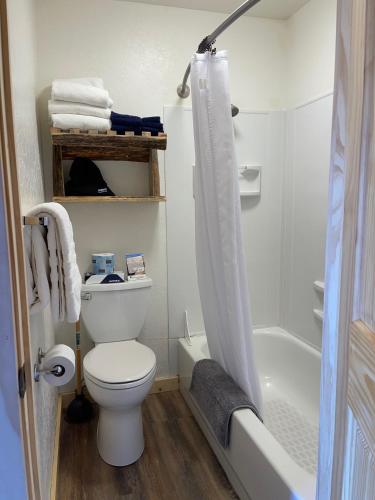 a white bathroom with a toilet and a shower at Mountain View Lodge & Cabins in Hill City