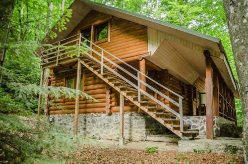 a log cabin in the woods with wooden stairs at База відпочинку ШИПОВЕЦЬ in Poroškov