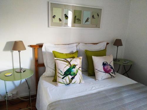 Una cama con cuatro almohadas con pájaros. en Appartement Arles Centre Historique, en Arles