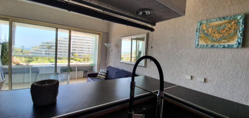 a kitchen with a counter top and a living room at Lovely apartment in Marina Baie des Anges- Baronnet - Sew view, free parking spaces on site, restaurants, beach, supermarket in Villeneuve-Loubet