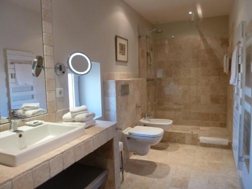 La salle de bains est pourvue d'un lavabo, de toilettes et d'une douche. dans l'établissement La Maison Saint Jean, à Boulbon