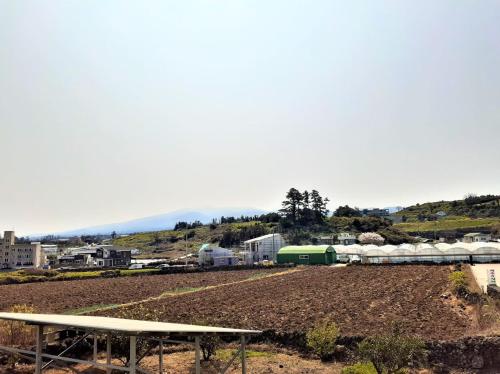 a dirt field with a farm in the background at Jeju Time-Travel Pension in Jeju