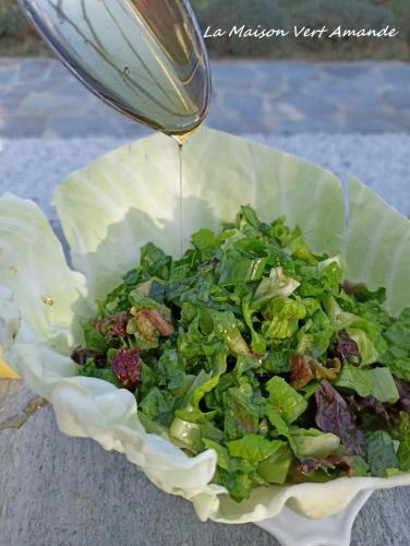 a salad in a bowl being drizzled at La Maison Vert Amande in Spathi 