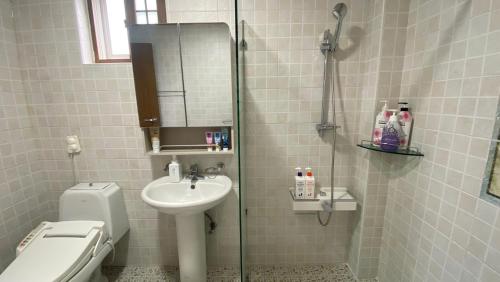 a bathroom with a shower and a sink and a toilet at Jeju Time-Travel Pension in Jeju
