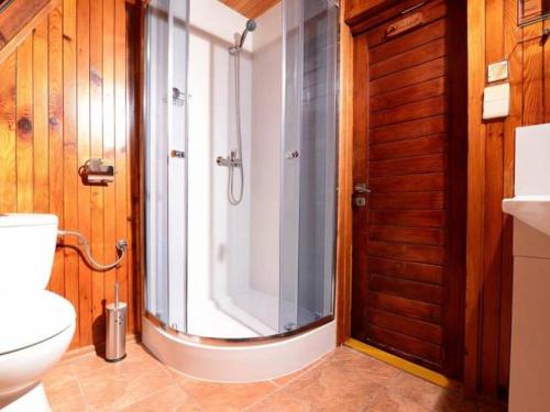 a bathroom with a shower and a toilet at Perełka Bieszczady Domki in Cisna