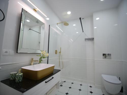 a white bathroom with a sink and a toilet at Luksusowe Apartamenty Bursztynowy Las ,,Leśny Poranek'' z ogrodem i widokiem na las Ustka in Ustka