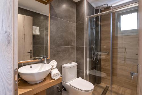 a bathroom with a toilet and a sink and a shower at Horizon Ionian Villas in Perdika