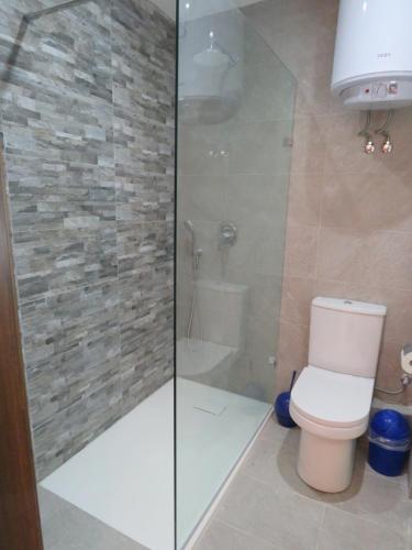 a bathroom with a toilet and a glass shower at Aquamarine Sea Front Apartments - First Floor in Marsaskala