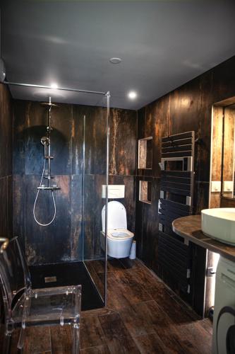 une salle de bain avec une douche, des toilettes et un lavabo dans l'établissement Le Tintinnabule, à Villard-de-Lans