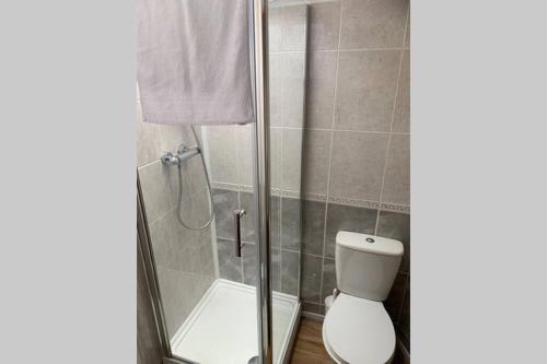 a bathroom with a toilet and a glass shower at Big 6 bed house w/ 5 double beds WIFI and Netflix in Kettering