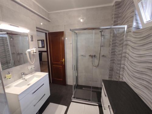 a bathroom with a shower and a sink at Arnika Vendégház in Hajdúszoboszló