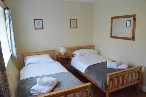 two twin beds in a room with a mirror at The Royal Oak Inn in Dunsford
