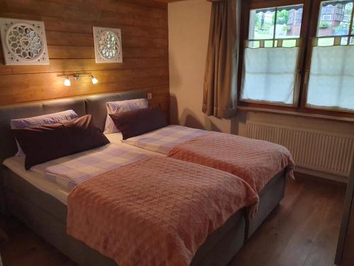 1 dormitorio con 2 camas individuales frente a una ventana en Chalet Valerie, en Grächen